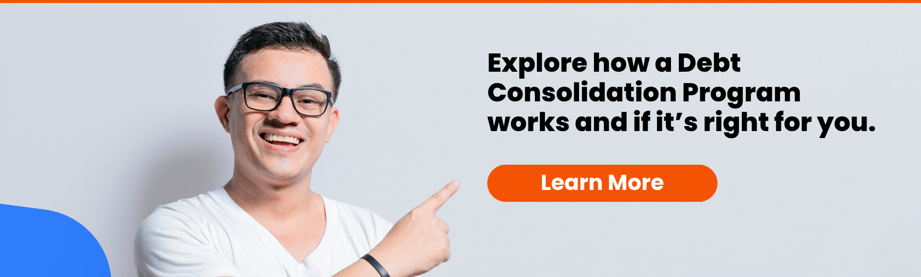 man wearing glasses pointing at Learn More button
